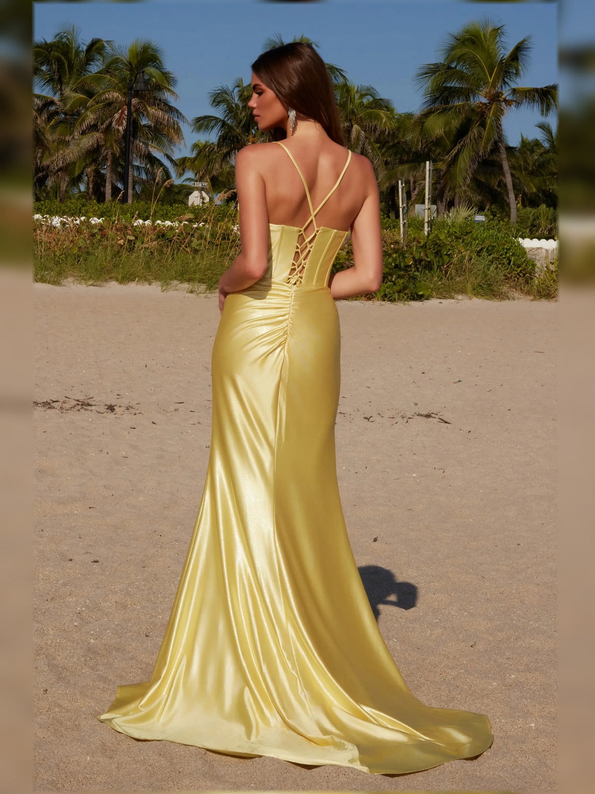 Marigold satin corset mermaid formal dress with cross-back straps and thigh slit