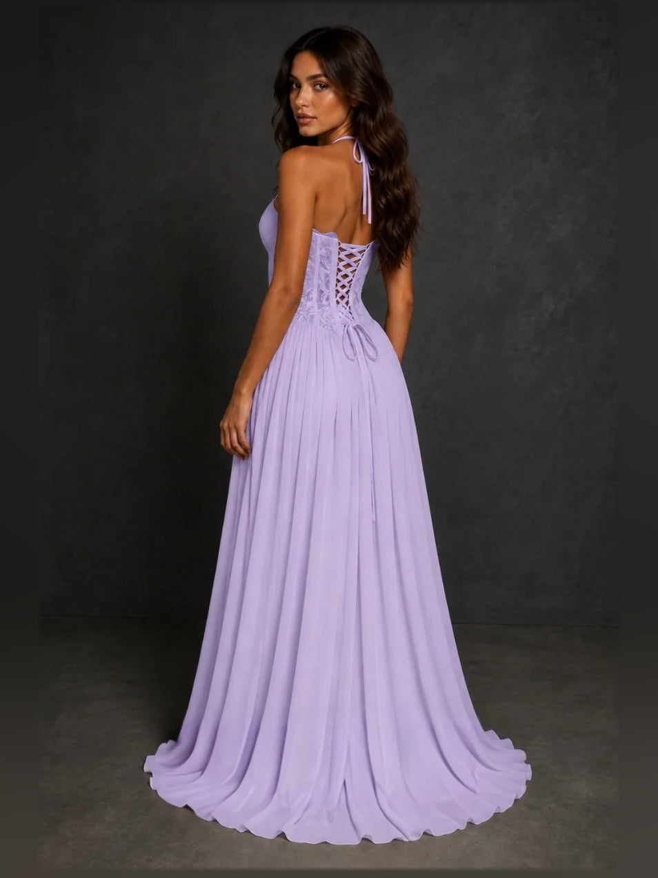 Lavender sweetheart A-line prom dress with lace bodice and pleated floor-length skirt