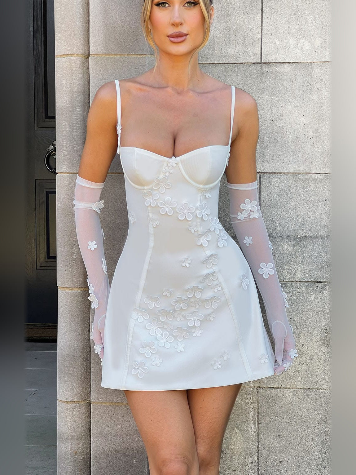 Ivory mini dress with sweetheart bodice and floral lace, sheer floral arm sleeves