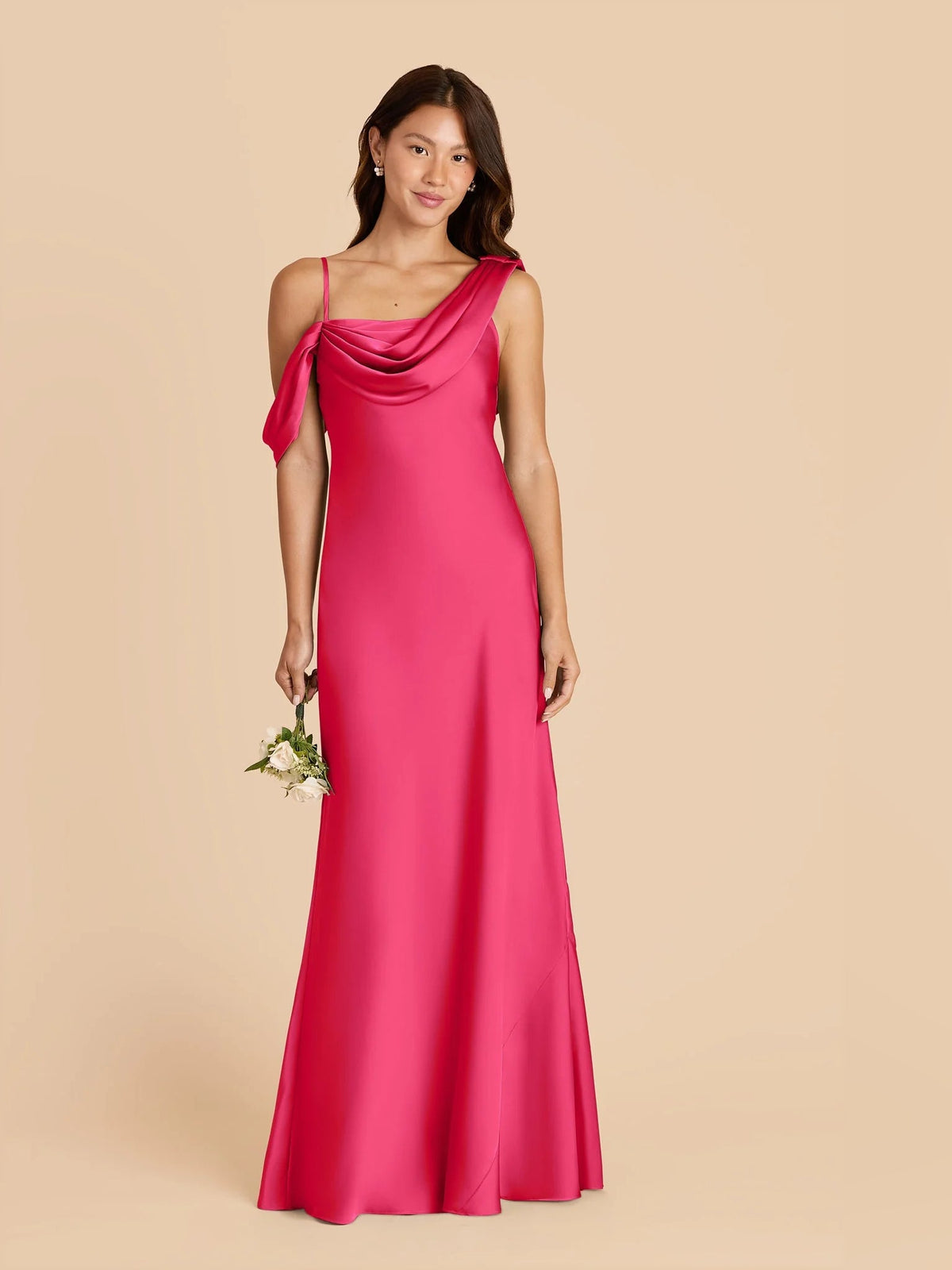 One-shoulder satin formal dress in magenta, draped neckline and floor-length skirt