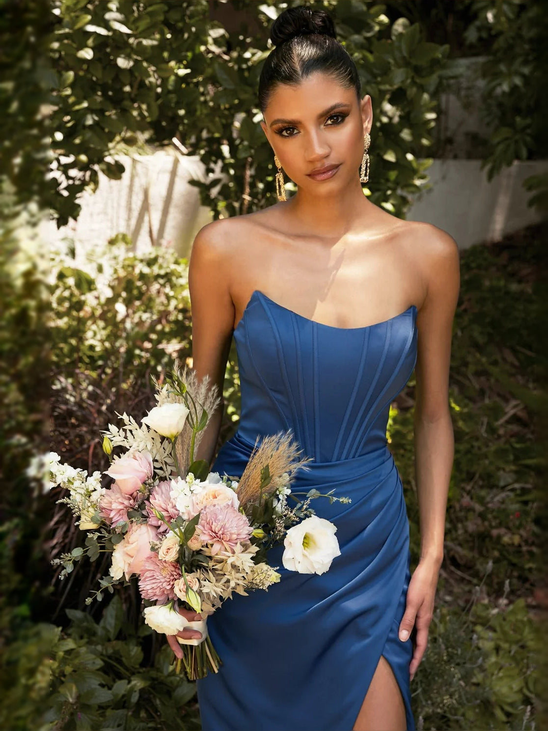 Ruched slit off-shoulder satin prom dress, royal blue, corset bodice with thigh-high slit