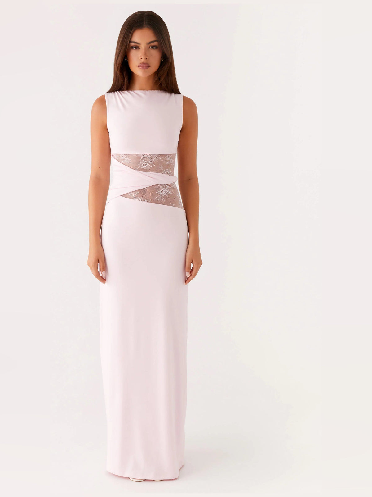 Pink sheath maxi formal dress with cutout detail, alternate full-length view showing the overall silhouette