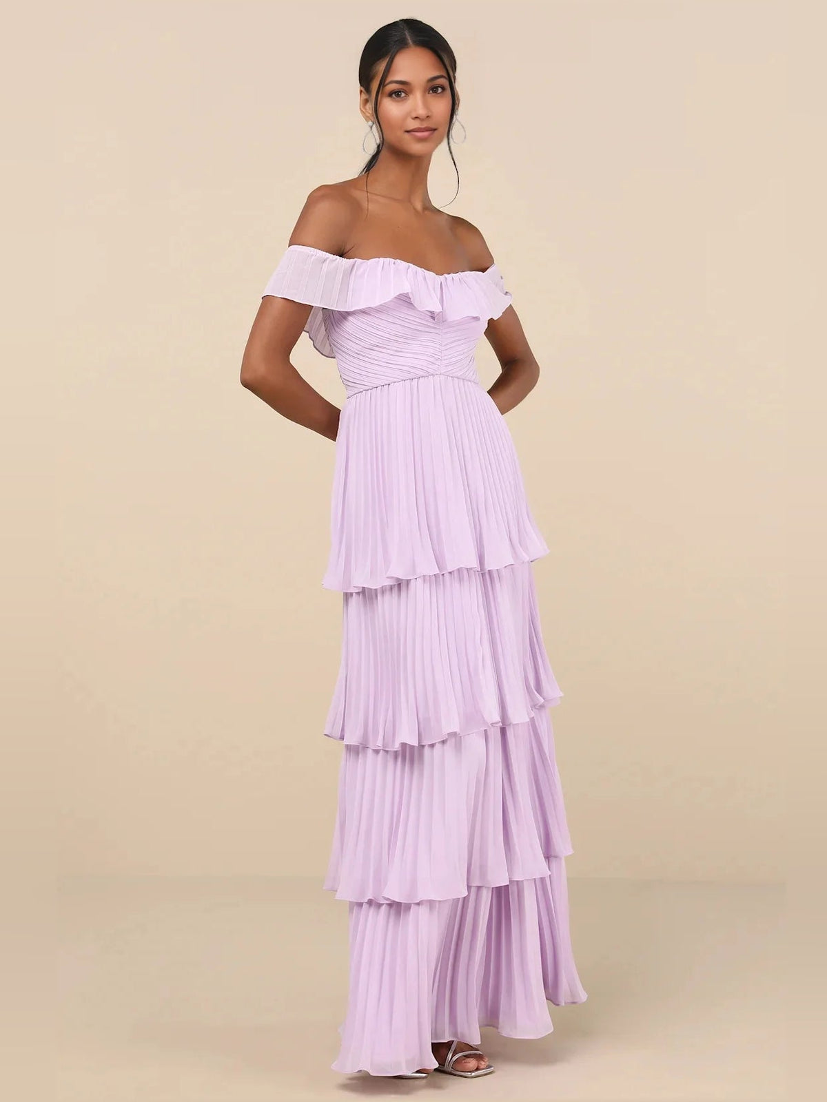 Off-shoulder tiered A-line maxi dress in lavender with pleated tiers and ruffle neckline