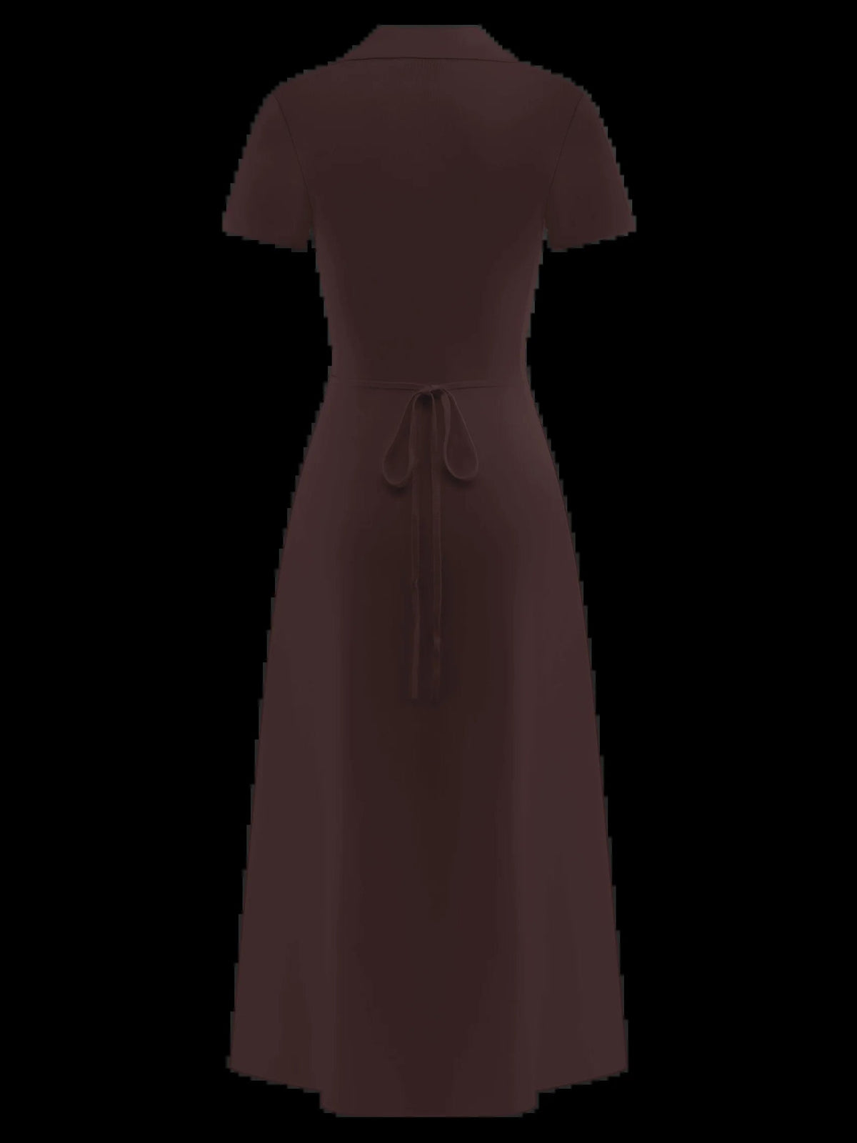 Chocolate-brown knit midi dress with V-shaped back and ruched tie waist