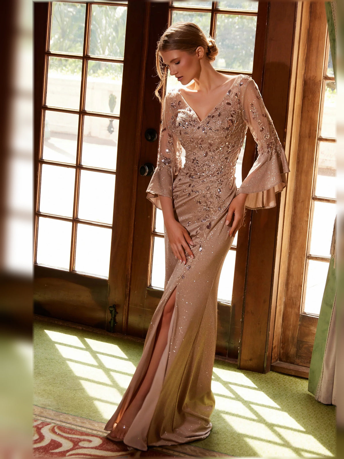 Champagne gold sequin V-neck sheath maxi dress with embroidered bodice and bell sleeves