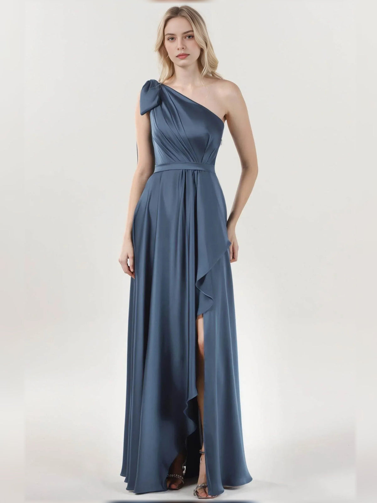 One-shoulder A-line formal dress in slate blue with draped waist and side slit