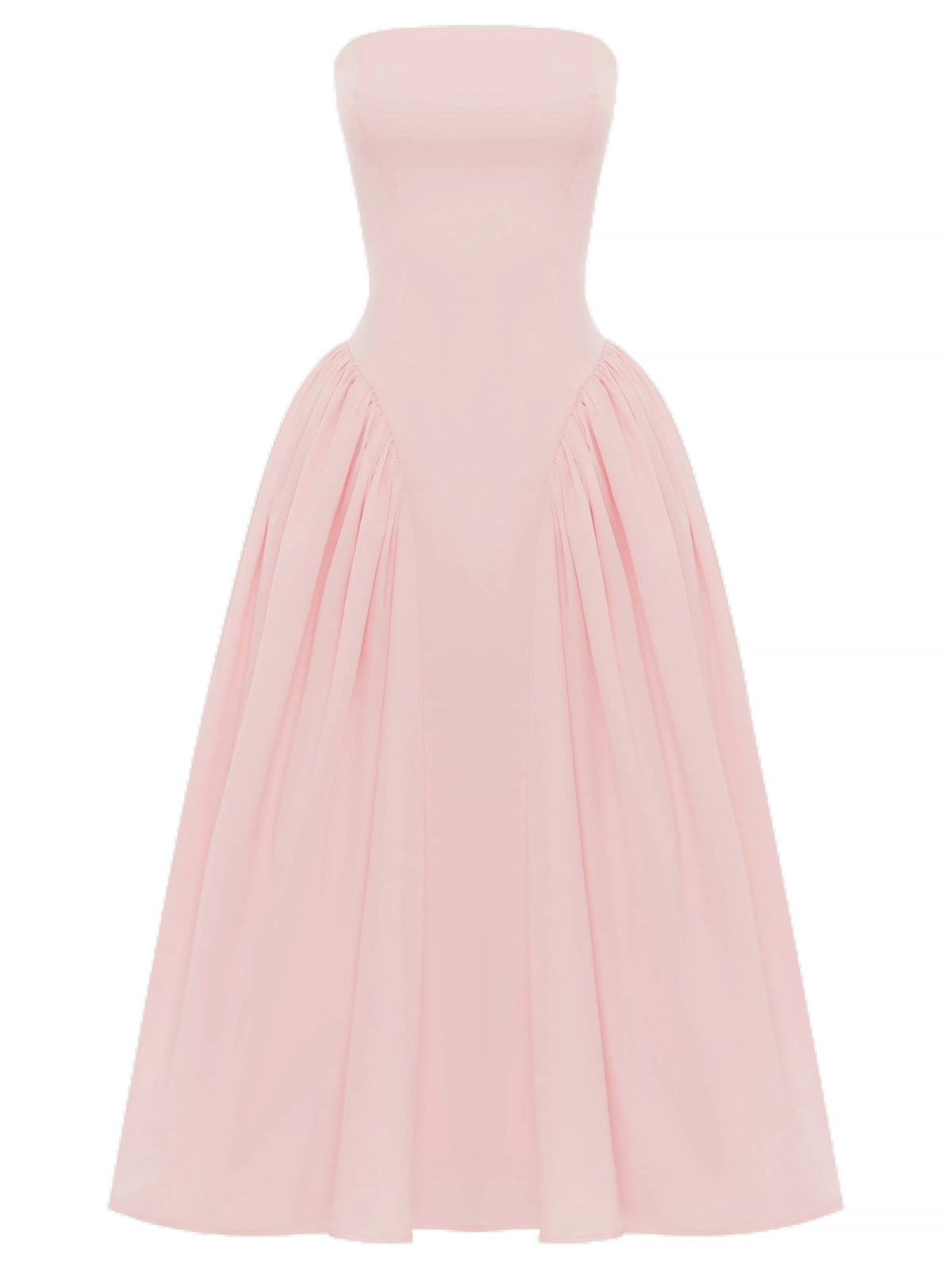 Blush strapless midi formal dress with pleated skirt panels
