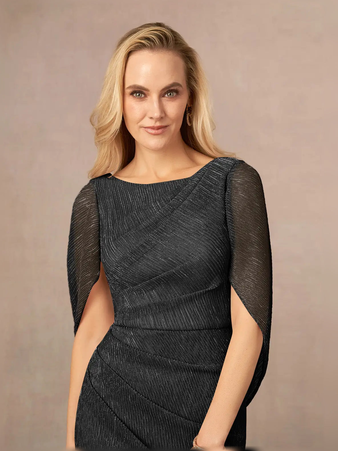 Dark charcoal ruched scoop-neck maxi dress with sheer cape sleeves