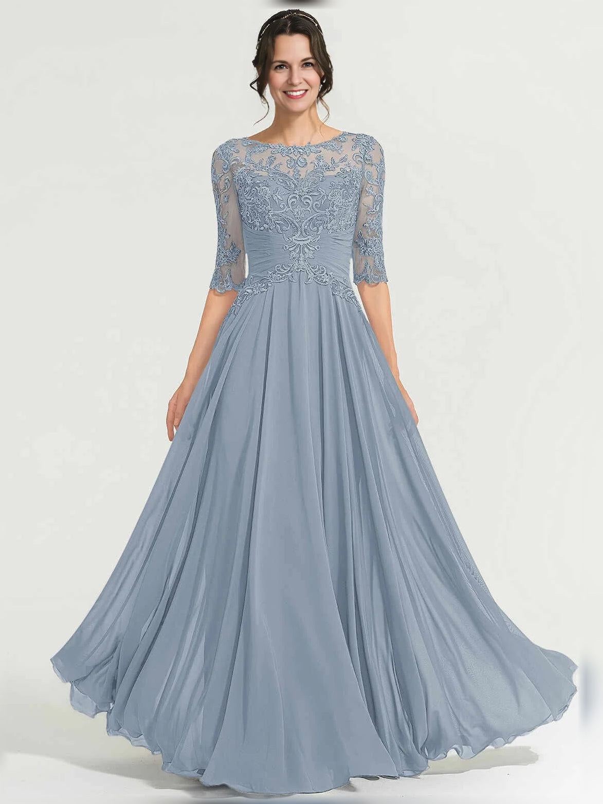 Light blue illusion-neck A-line maxi chiffon dress front view with lace floral applique