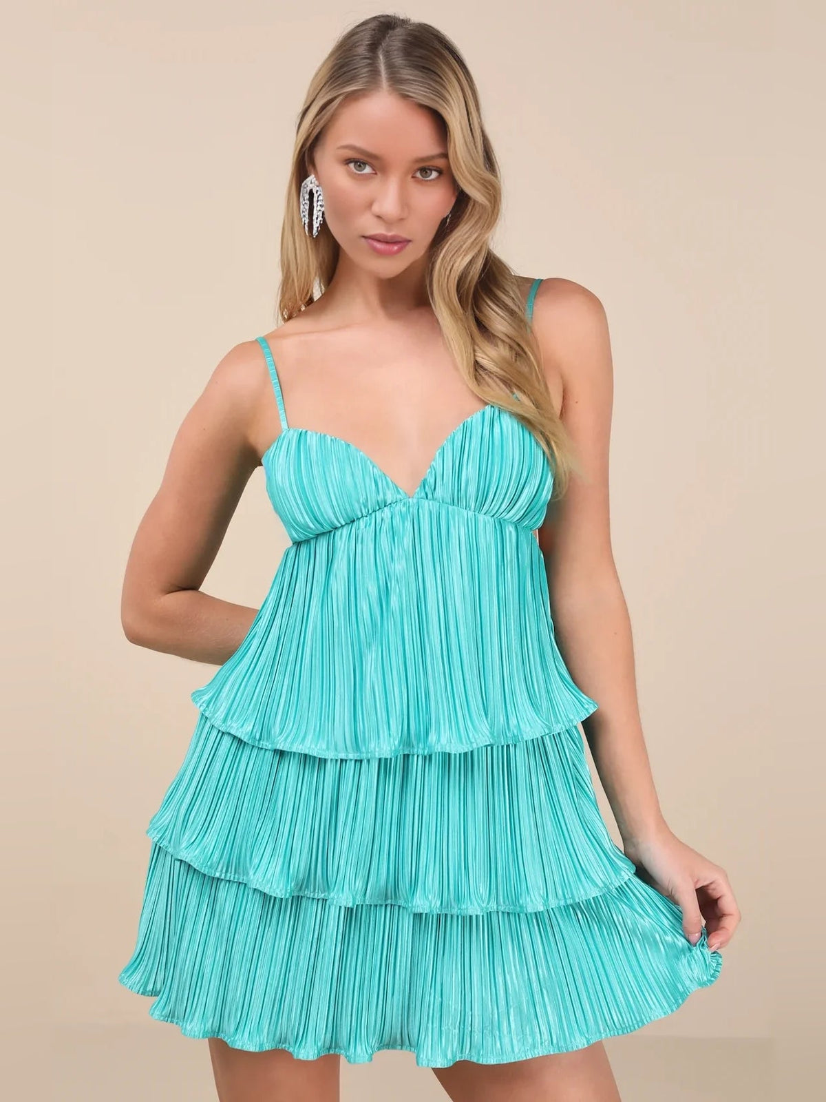 Spa blue satin mini dress with tiered ruffles and sweetheart neckline