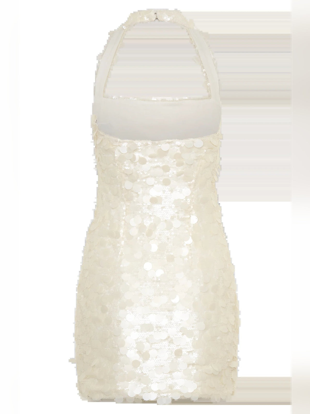 Ivory sequin halter-neck mini dress, side view with square neckline and sequined hem