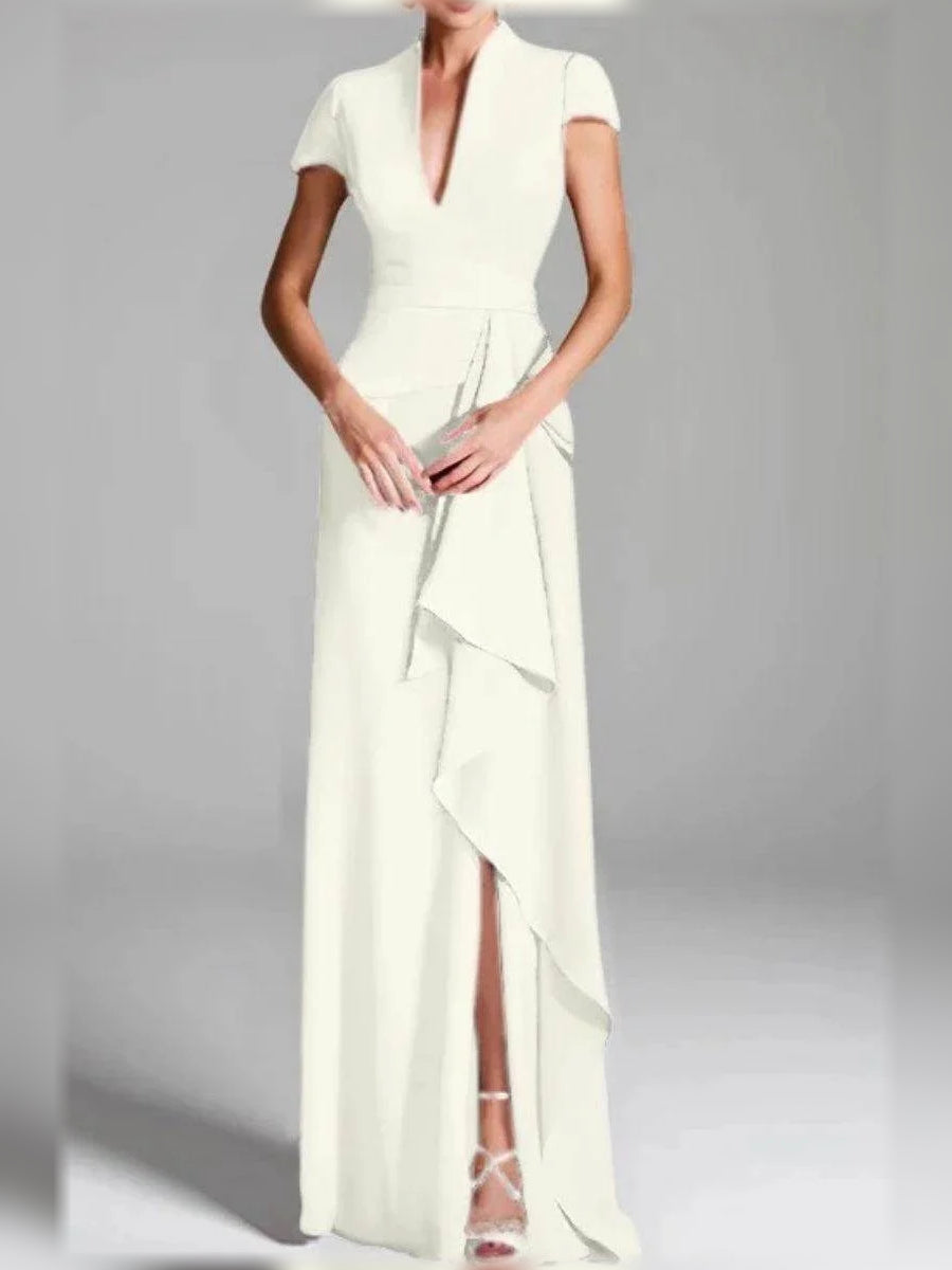White V-neck mermaid mother-of-the-bride dress with draped ruffle detail and slit