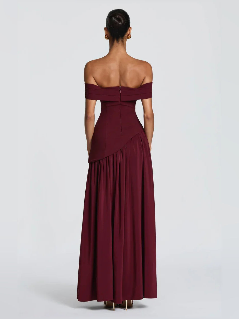 Wine off-shoulder pleated floor-length dress with back drape and thigh-high slit