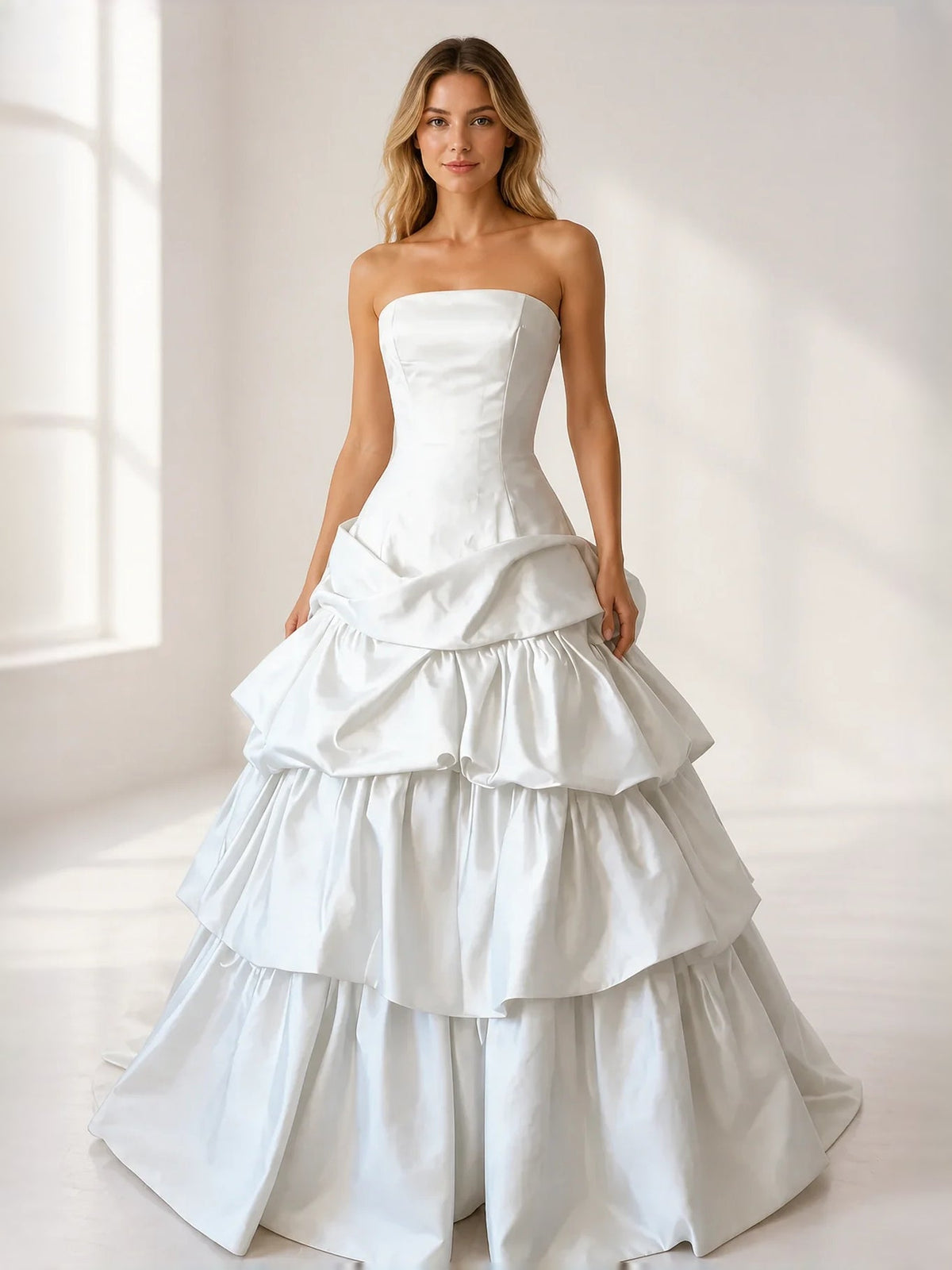 White satin strapless corset ball gown with tiered ruffle skirt