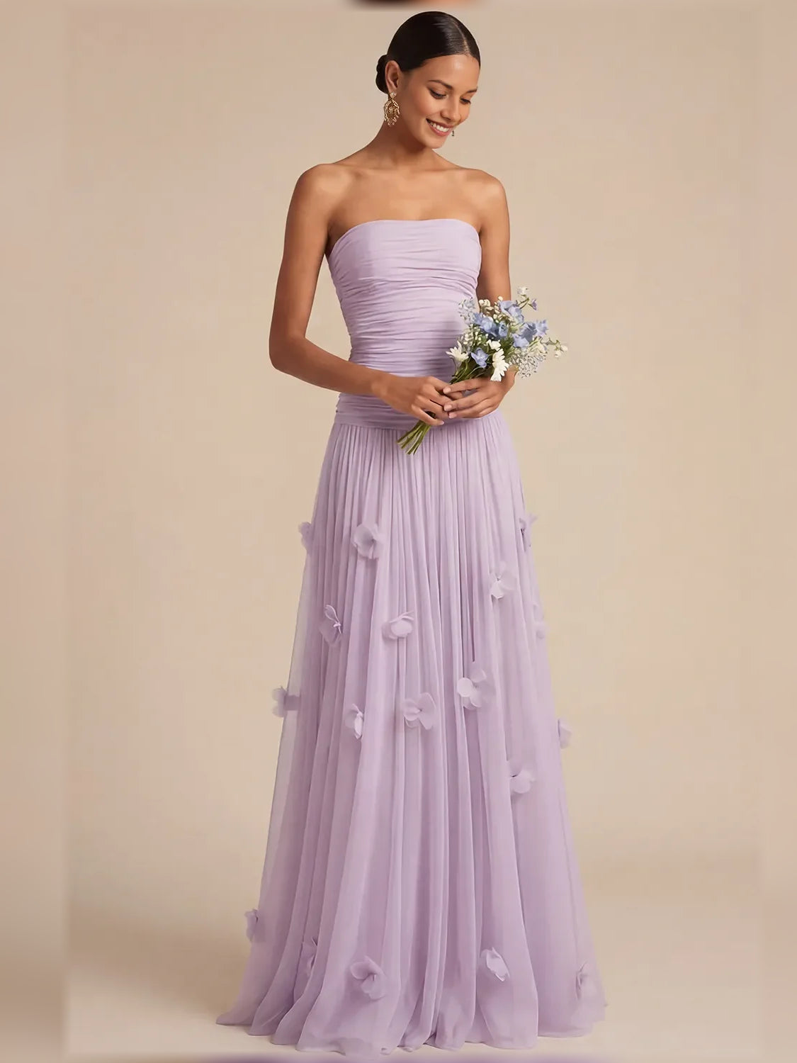 Lilac strapless formal dress with ruched bodice and 3D floral appliques