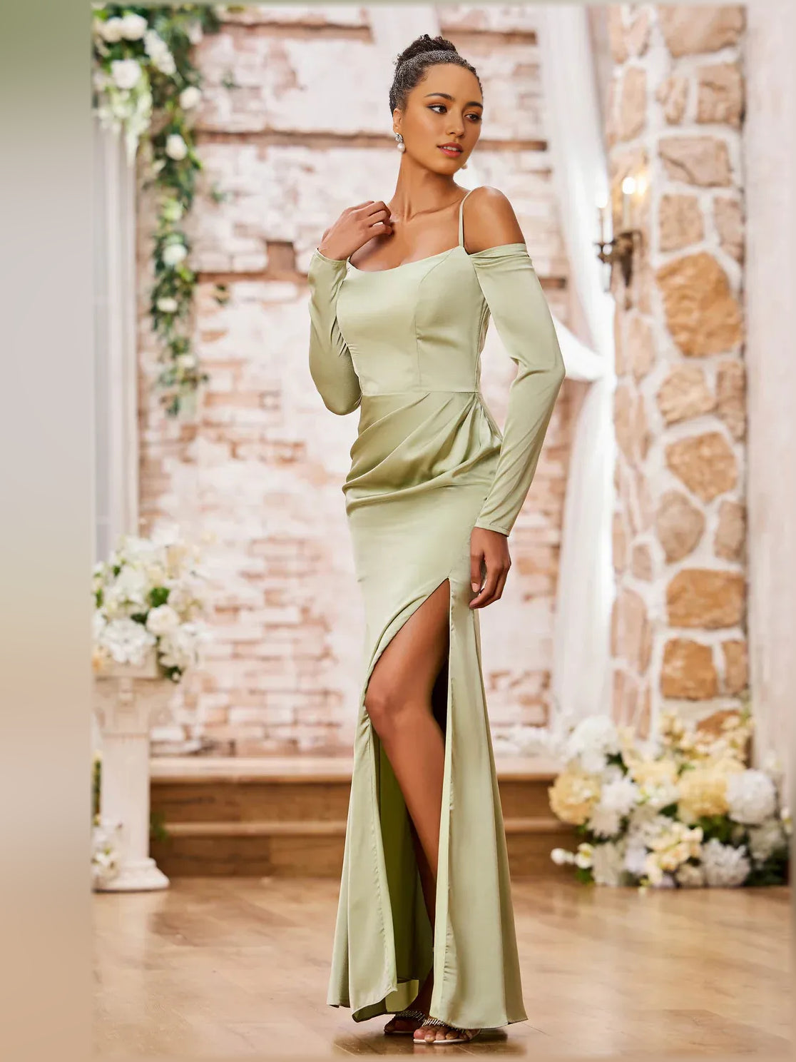 Sage green off-shoulder long-sleeve floor-length dress with ruched waist and slit