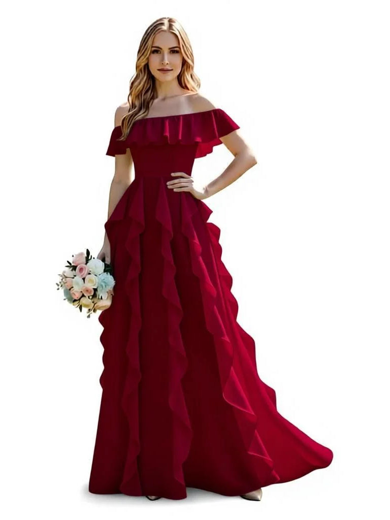 Draped ruffled off-shoulder chiffon maxi A-line dress in deep burgundy red