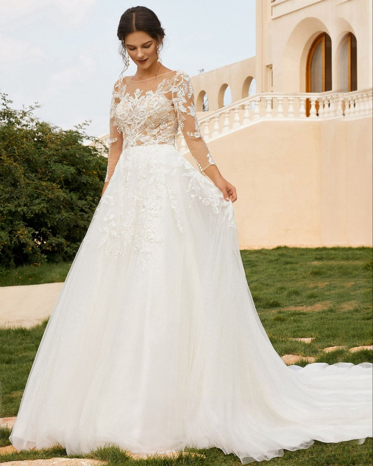bateau neck lace sleeve tulle a-line wedding dress - image 9