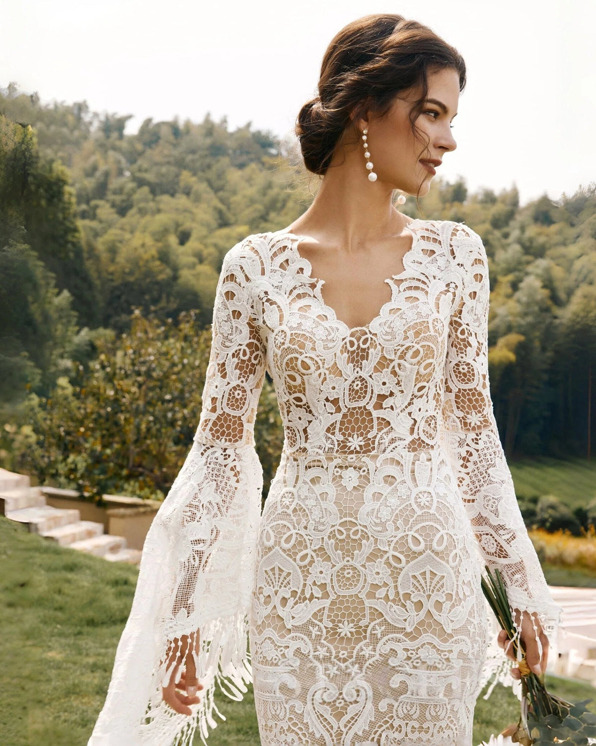 fringe bell sleeve lace mermaid wedding dress - image 9