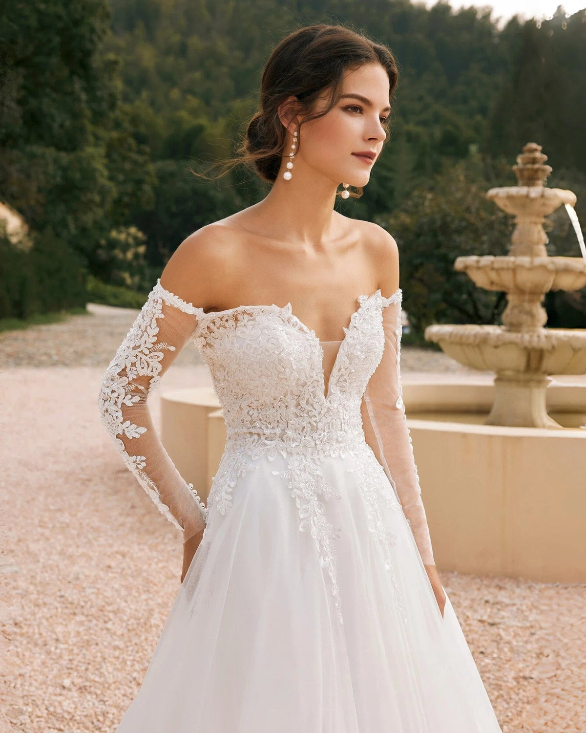 off-shoulder lace sleeve tulle wedding ball gown - image 9