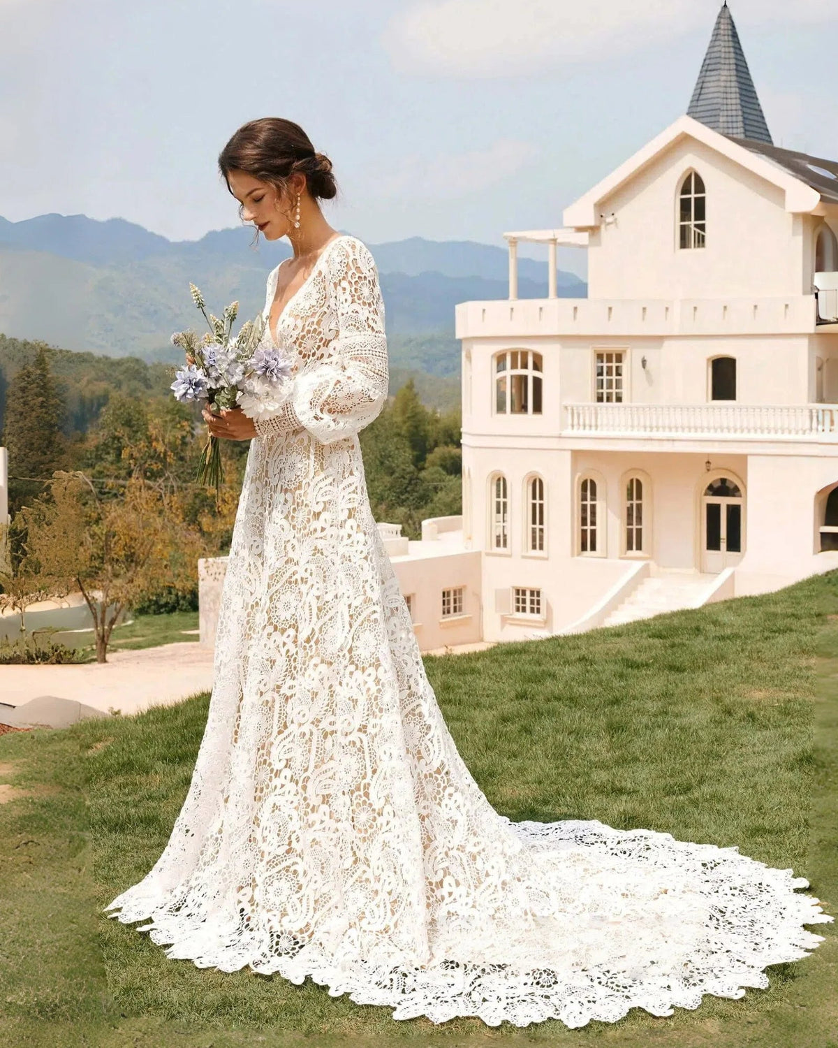 boho bishop sleeve crochet lace wedding dress - image 9