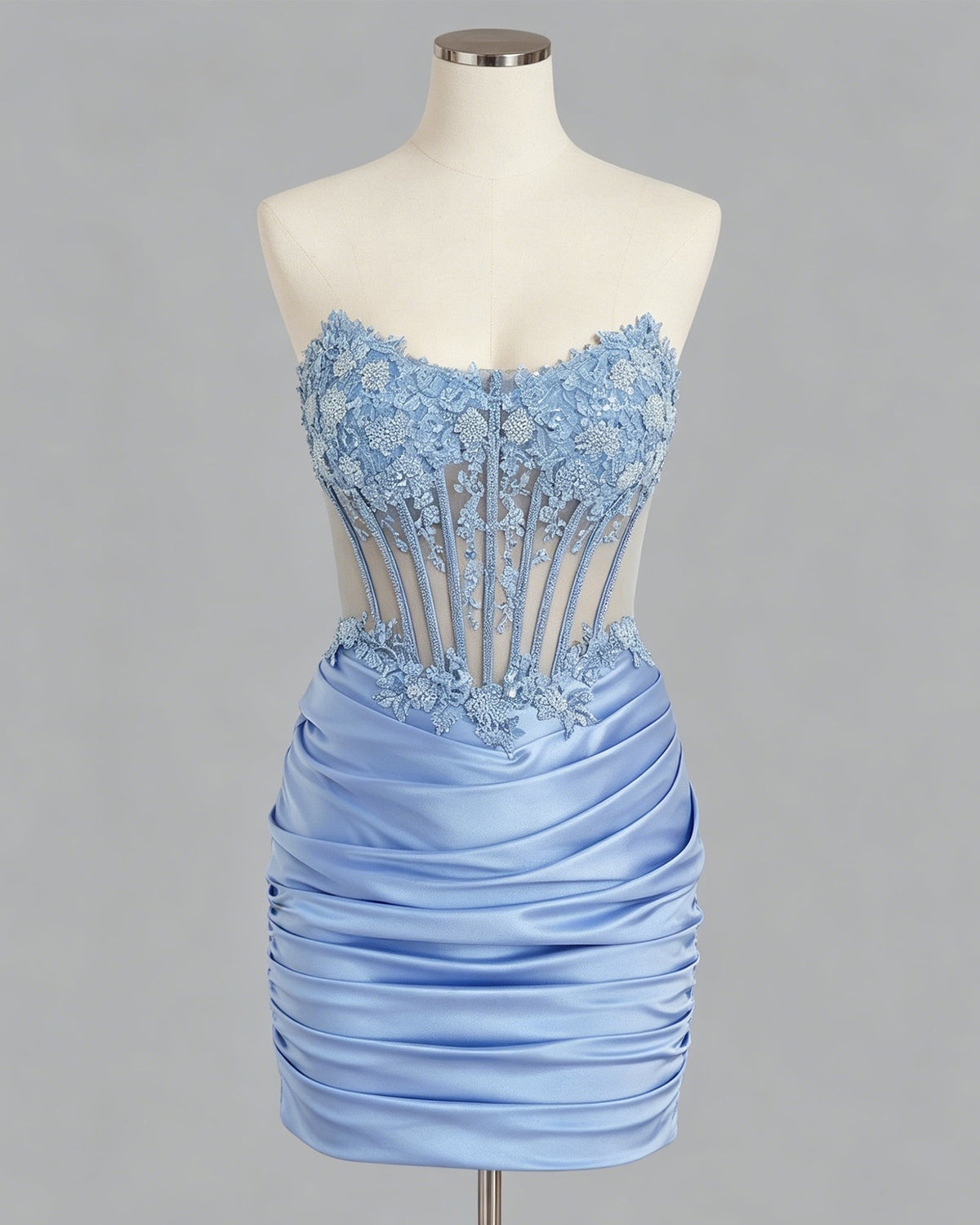 Strapless Lace Corset Ruched Satin Homecoming Dress - view 1