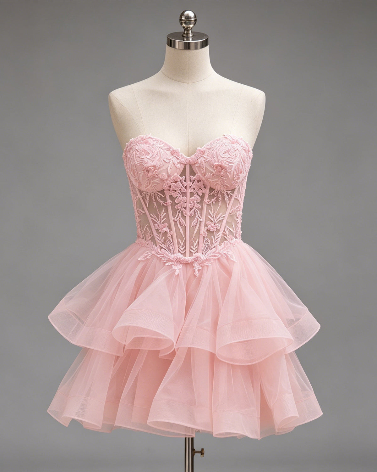 Strapless Lace Corset Ruffle Tulle Homecoming Dress - view 1
