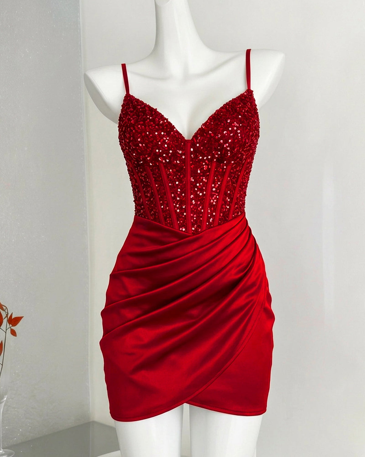 Spaghetti Strap Sequin Corset Satin Homecoming Dress - view 1