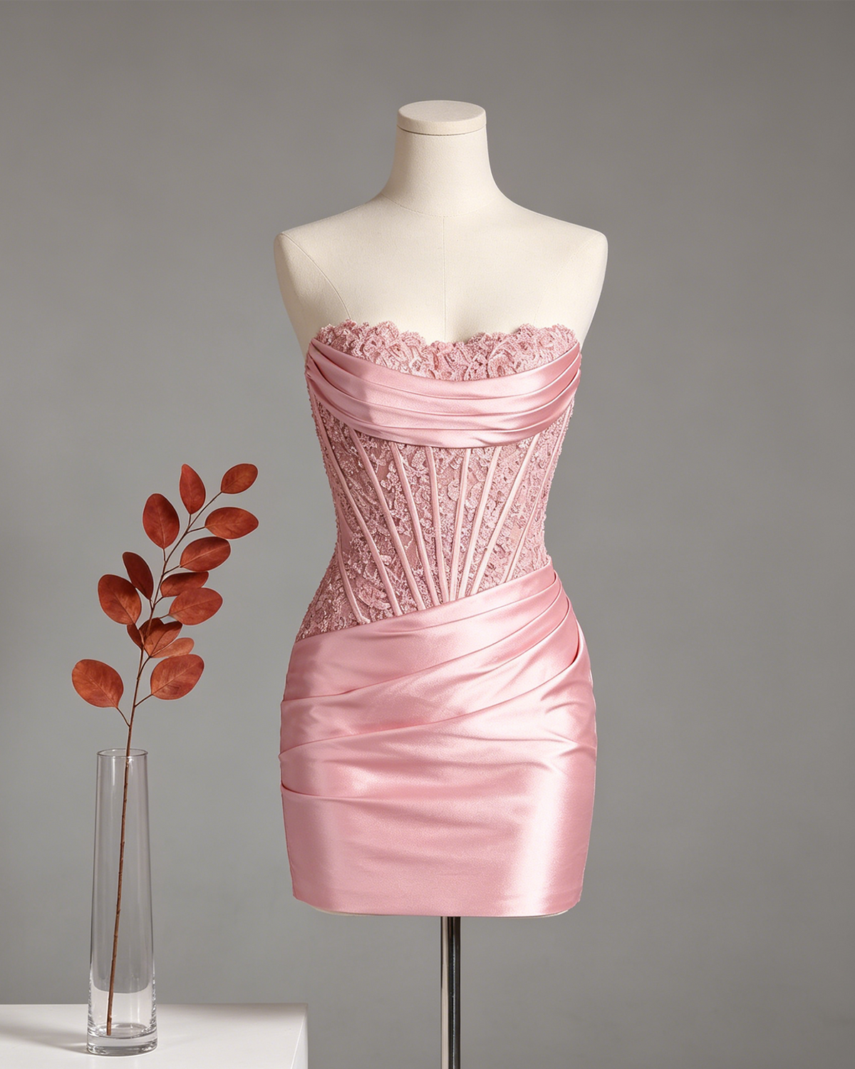 Strapless Lace Panel Satin Homecoming Dress with Draped Skirt - view 1