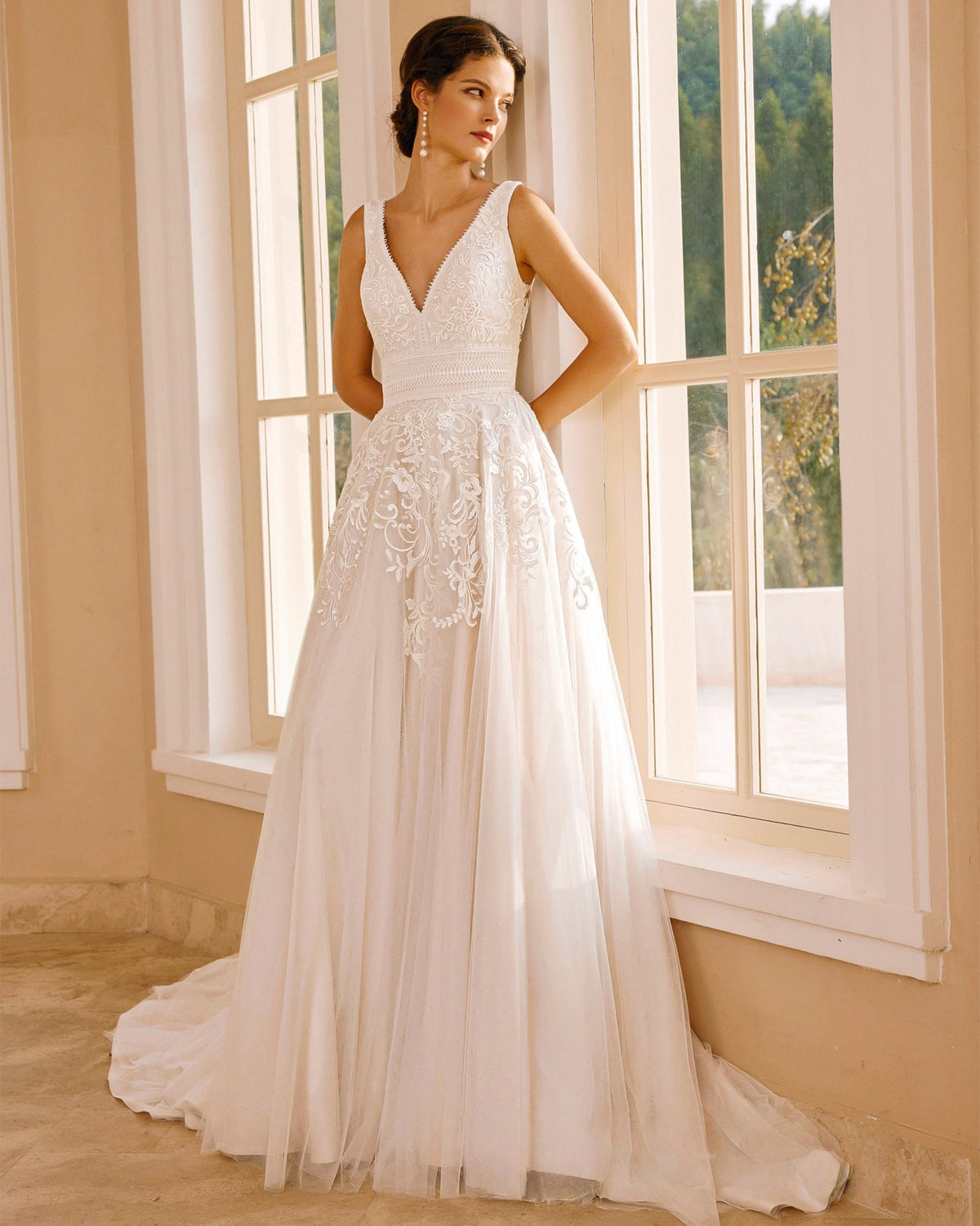 sleeveless v-neck lace tulle chapel train wedding dress - image 10