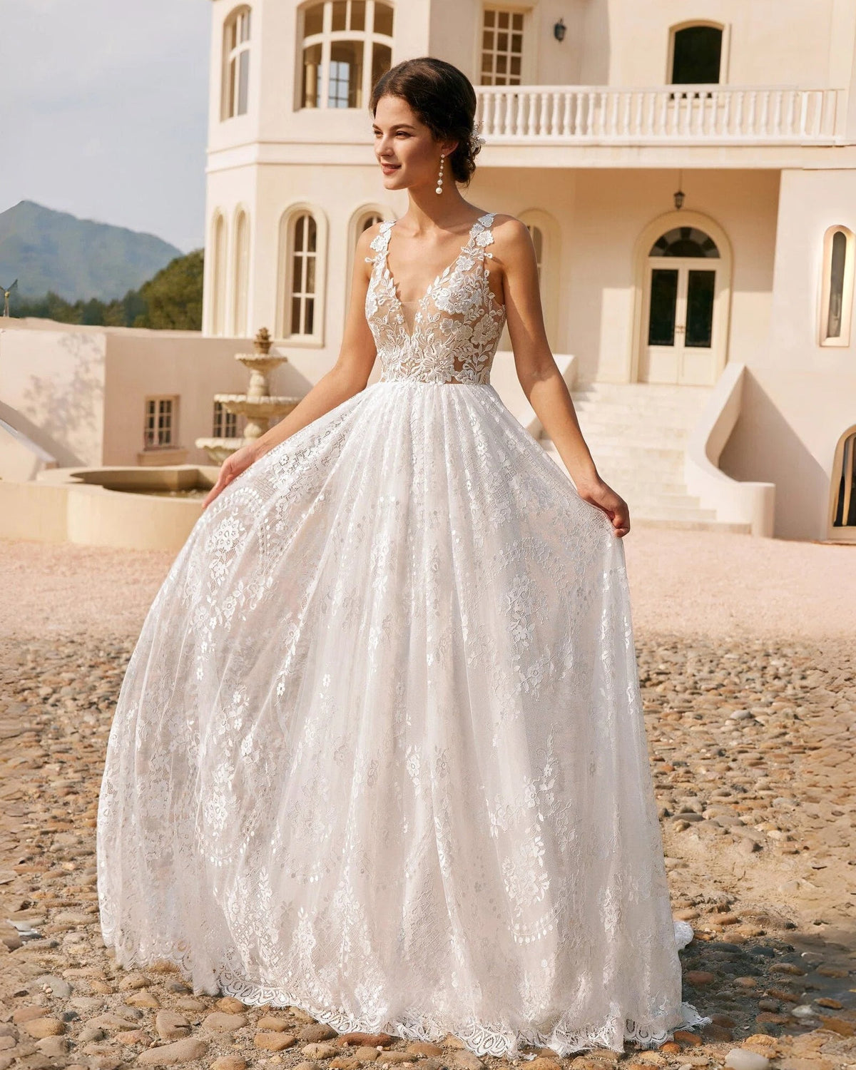 plunging v-neck lace embroidered a-line wedding dress - image 10