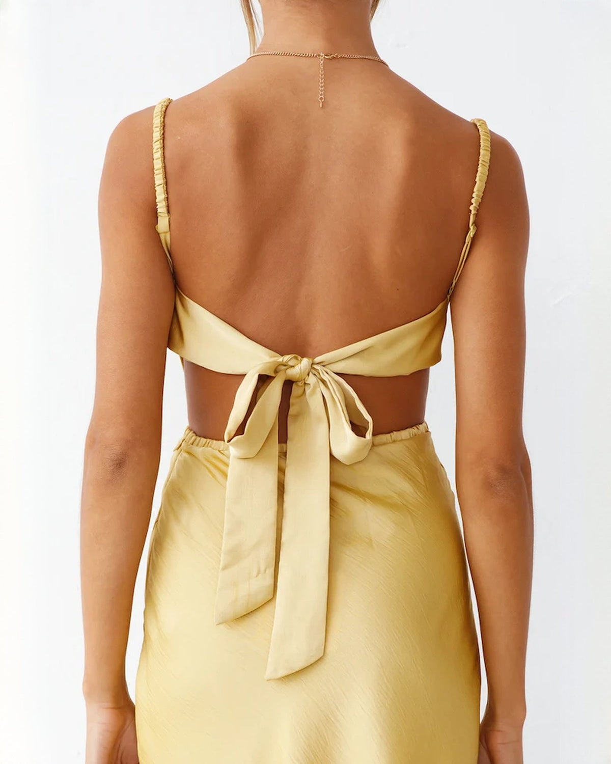 Yellow satin A-line maxi bridesmaid dress, sleeveless backless with bow
