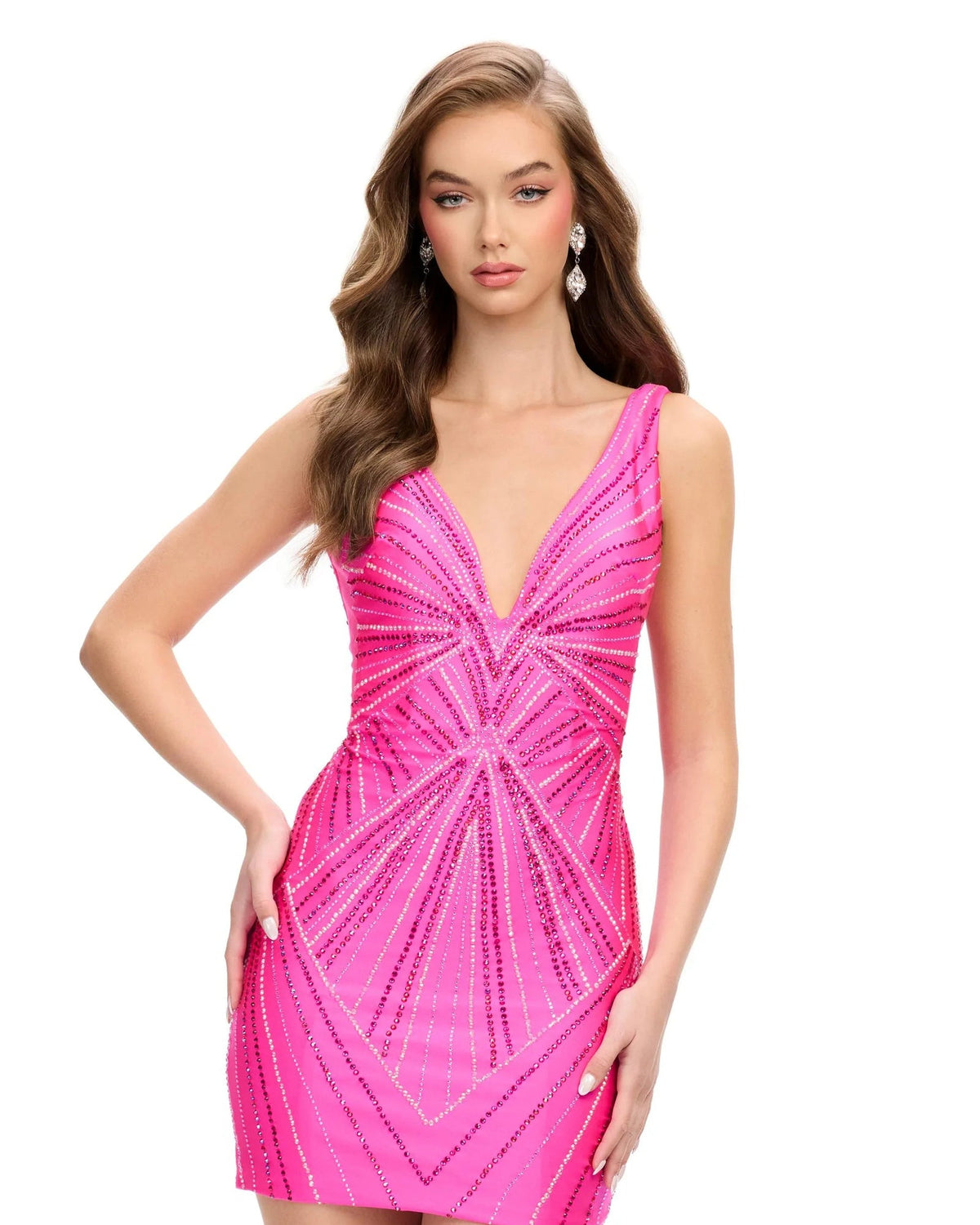 V-neck beaded bodycon mini dress in hot pink with starburst beading at the bust