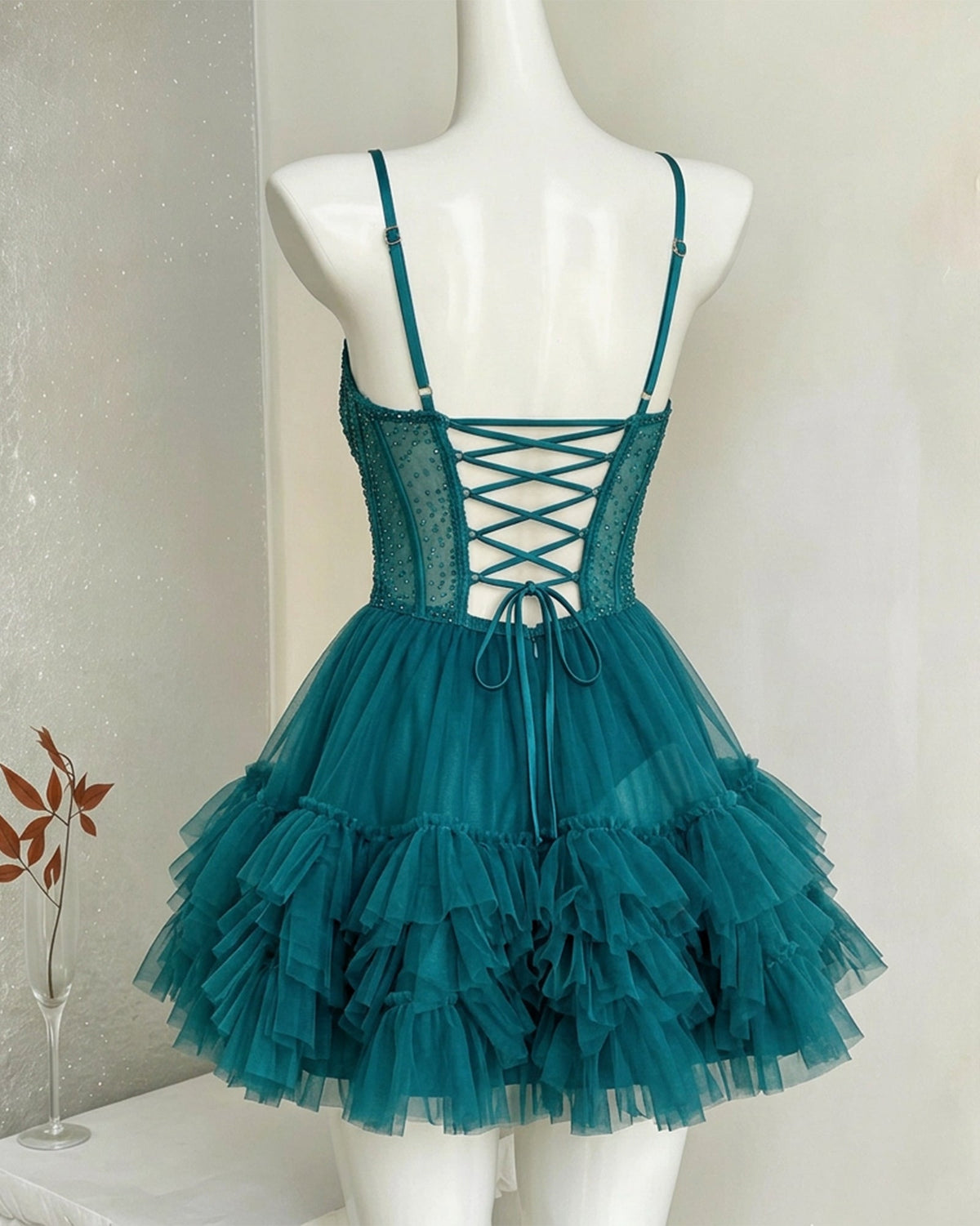 Spaghetti Strap Beaded Corset Ruffle Tulle Homecoming Dress - view 2
