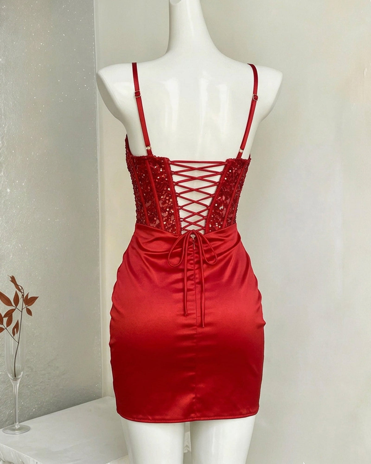 Spaghetti Strap Sequin Corset Satin Homecoming Dress - view 2