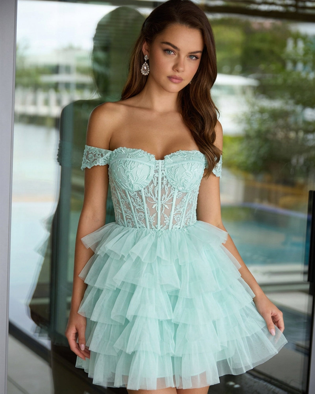 Off-shoulder lace corset tulle homecoming dress, mint green tiered ruffle skirt