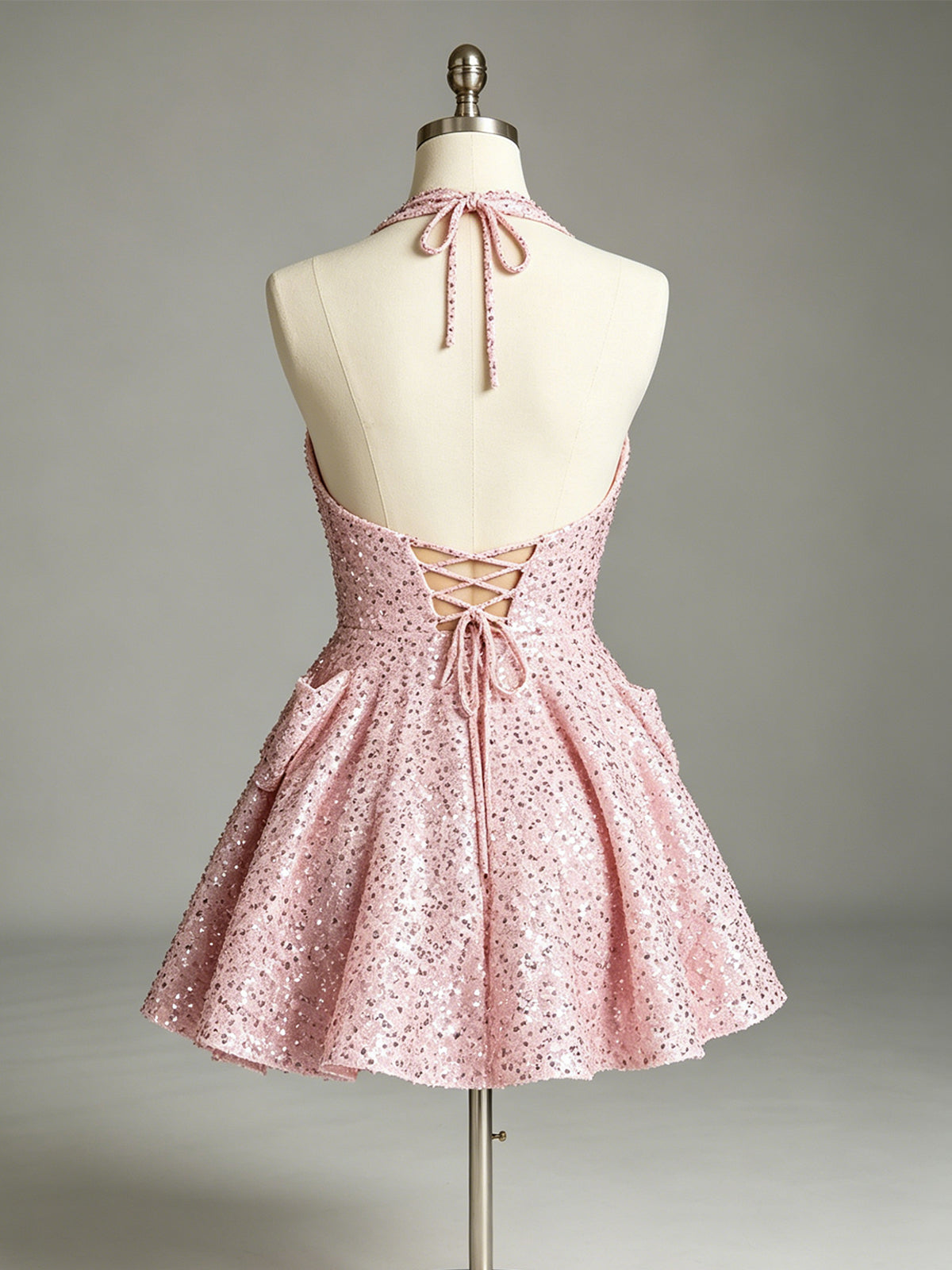 Halter Sequin Bow A-Line Homecoming Dress - view 2