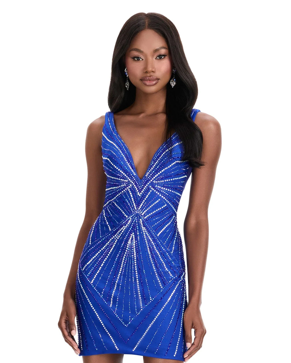 V-neck beaded bodycon mini dress in royal blue with bright sparkling chevron pattern