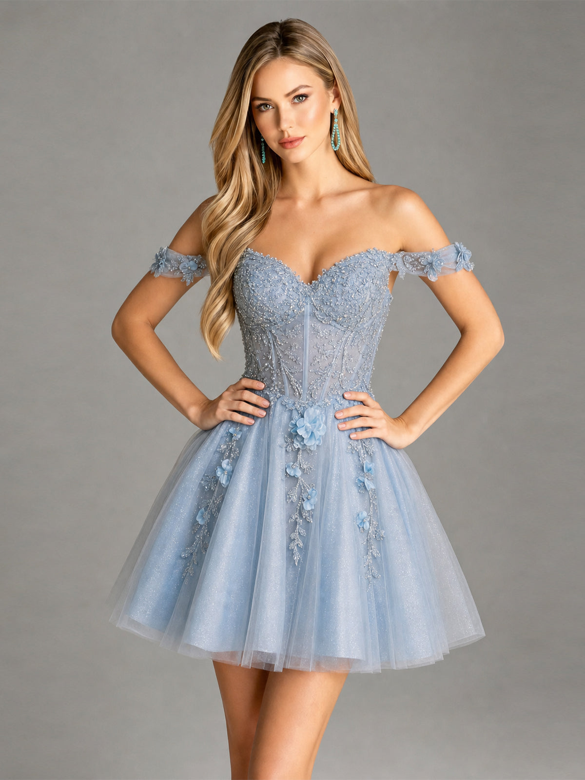 Light blue off-shoulder glitter tulle corset dress with 3D floral embroidery and layered skirt