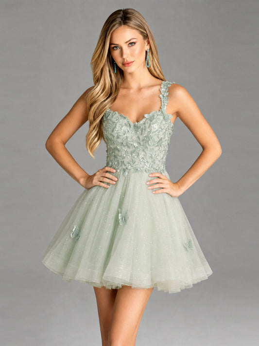 Sage green floral lace tulle homecoming dress with spaghetti straps and fitted bodice