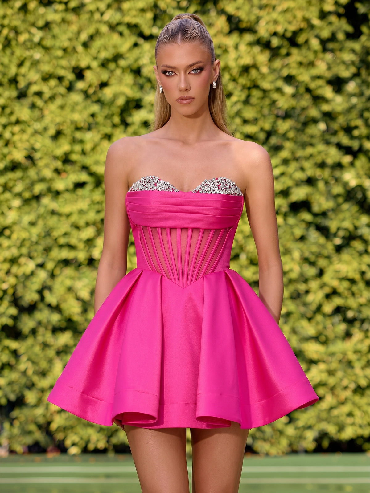 Strapless Crystal Corset Satin A-Line Homecoming Dress - view 3