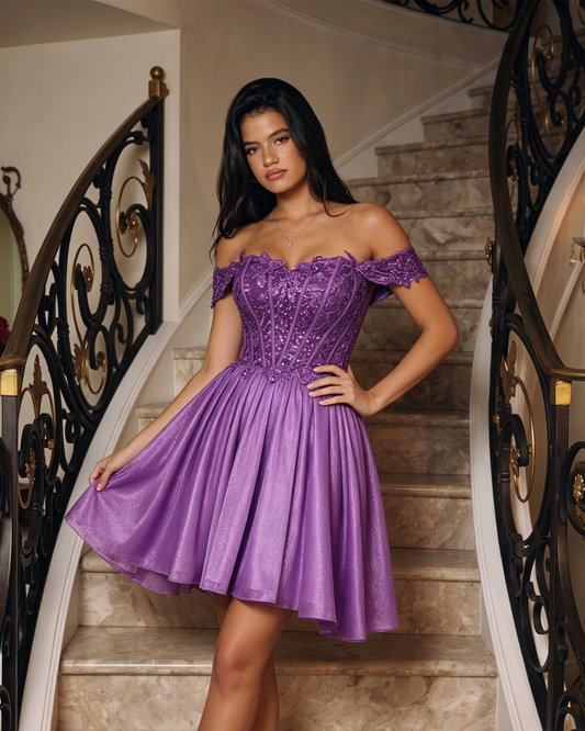 Lavender off-shoulder sequin corset skater homecoming dress with ruched bodice