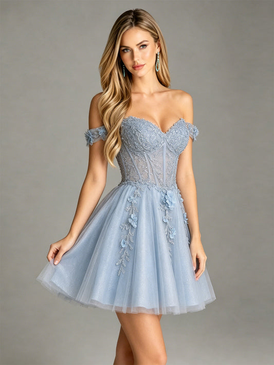 Light blue off-shoulder glitter tulle corset dress with 3D floral detail and short tulle skirt