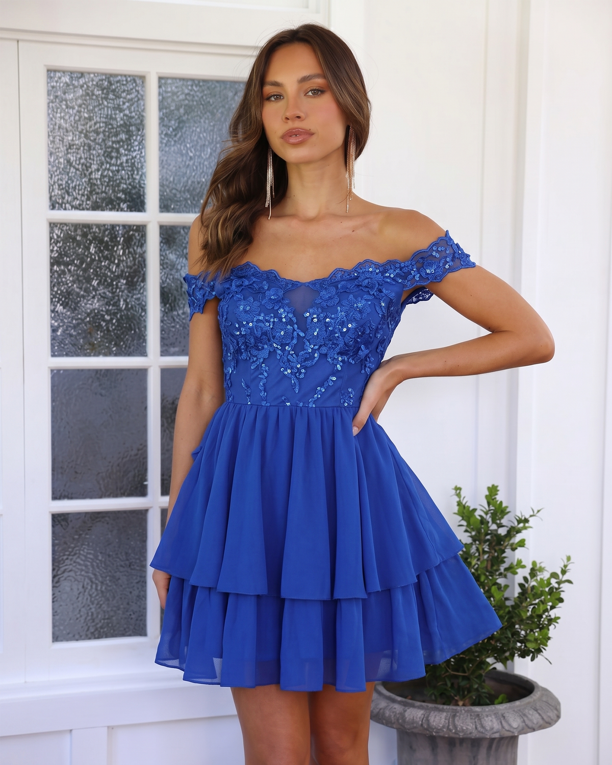 Royal blue off-shoulder lace A-line homecoming dress with layered tiered skirt and sparkle bodice