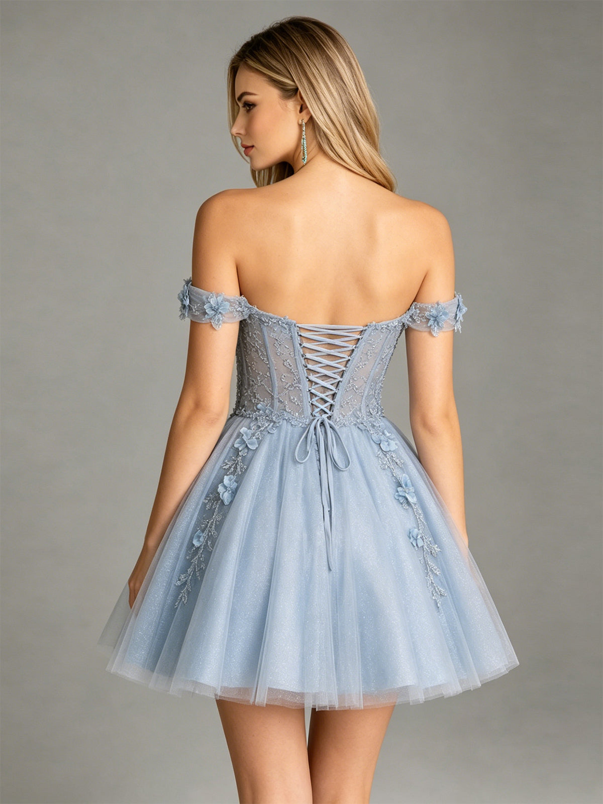 Back view light blue off-shoulder corset tulle dress with crisscross lacing and floral appliques
