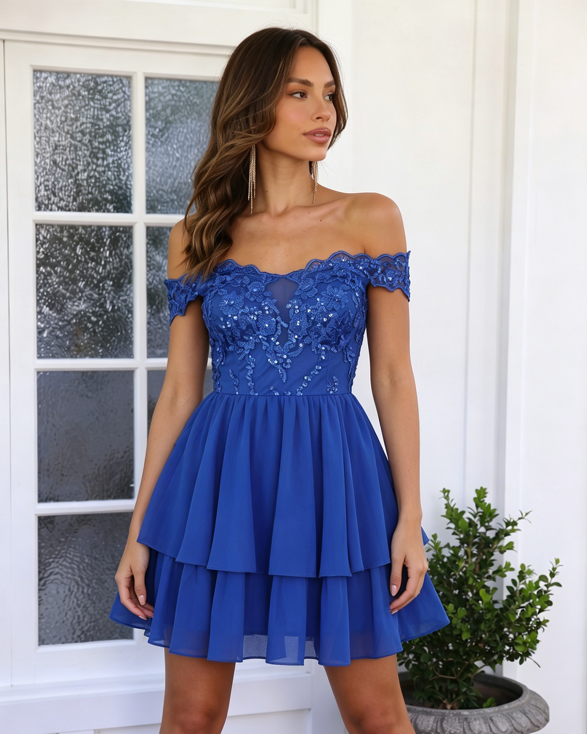 Royal blue off-shoulder lace A-line homecoming dress with ruffled off-shoulder trim and tiered hem