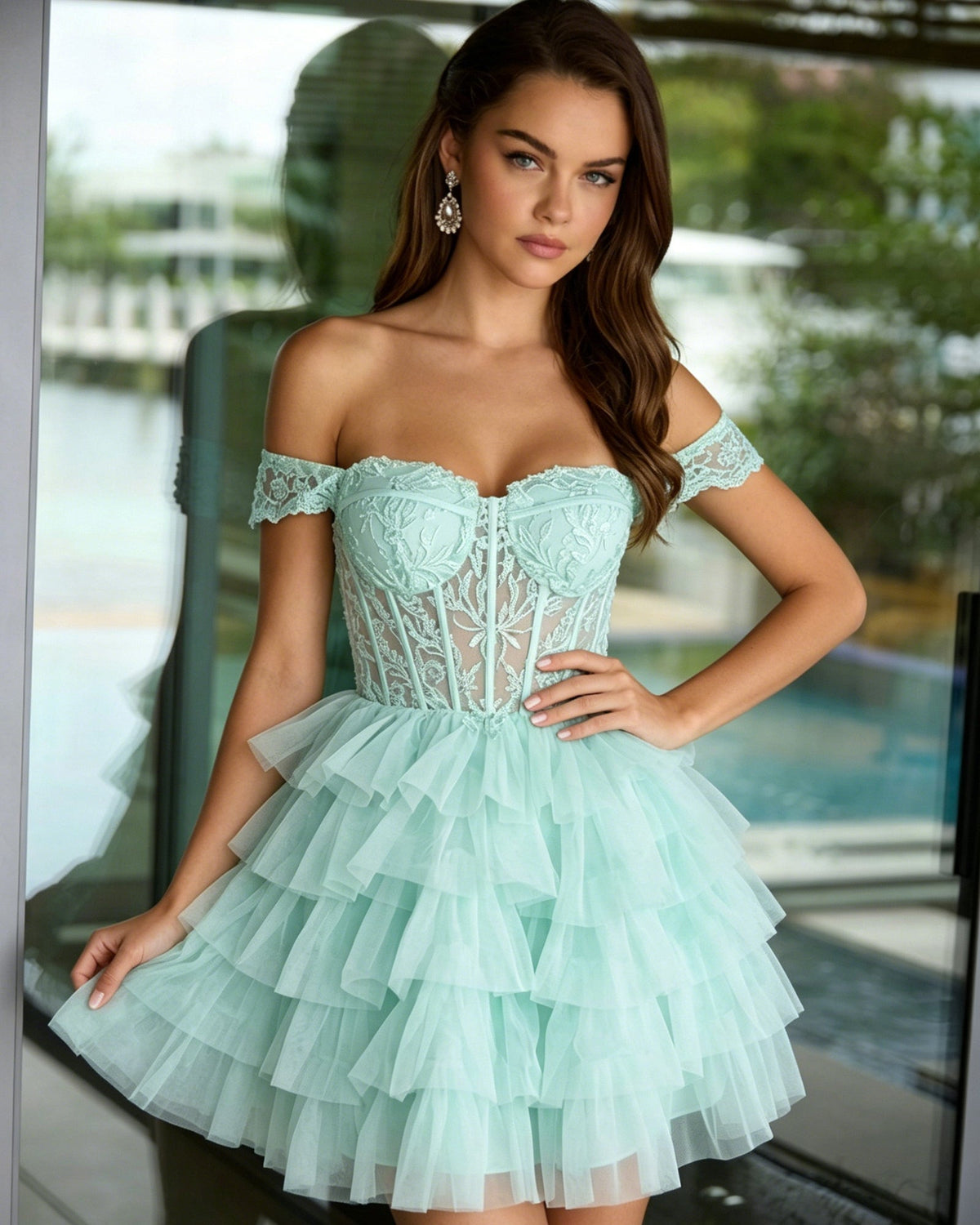 Off-shoulder lace corset tulle homecoming dress, mint green tiered tulle skirt