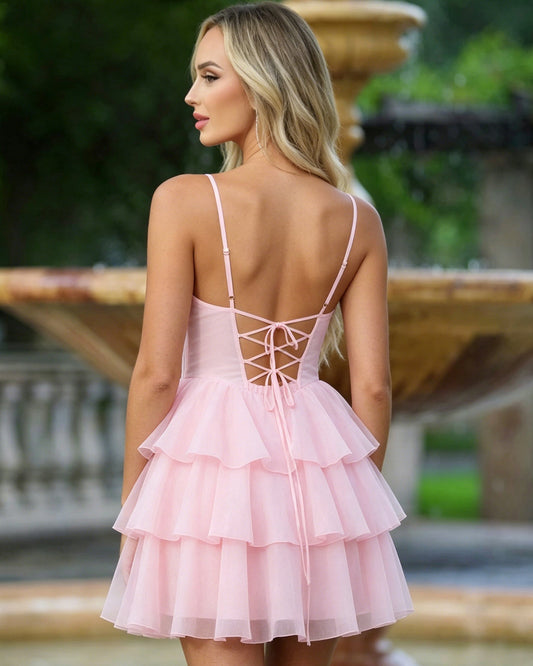 Spaghetti strap pleated corset homecoming dress back view with lace-up crisscross
