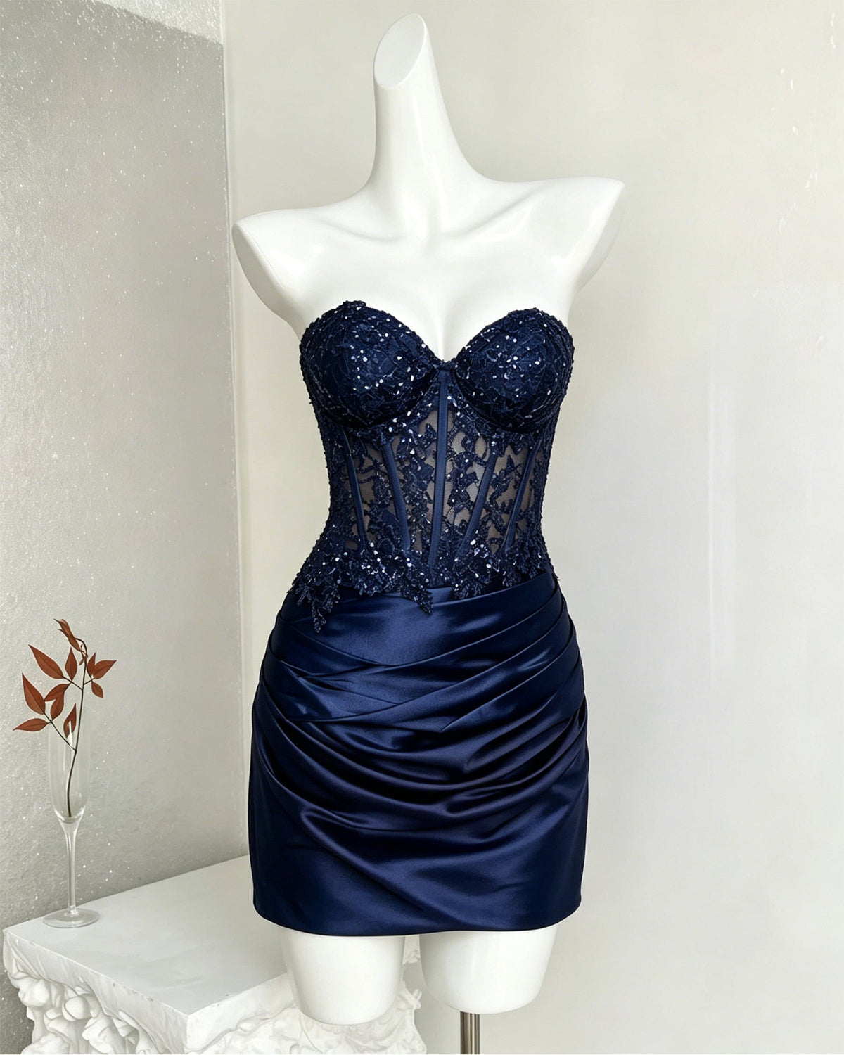 Strapless Sequin Lace Corset Satin Homecoming Dress with Slit - view 7