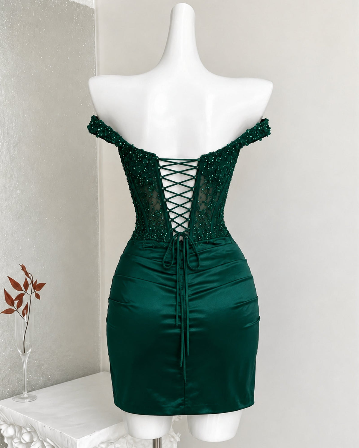 Off Shoulder Sequin Lace Corset Satin Homecoming Dress with Slit - view 7